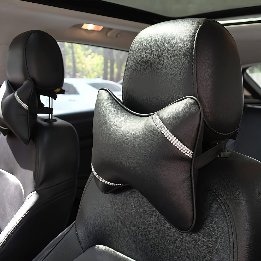 2-Pack Car Neck Pillow PU Leather, Adjustable Headrest Support, Black
